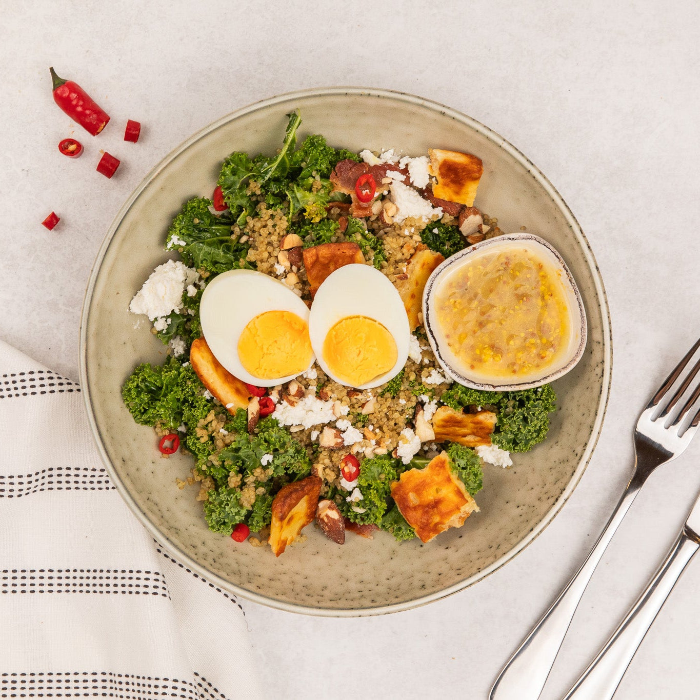 Kale & Egg Salad with Chilli, Feta & Halloumi (V)