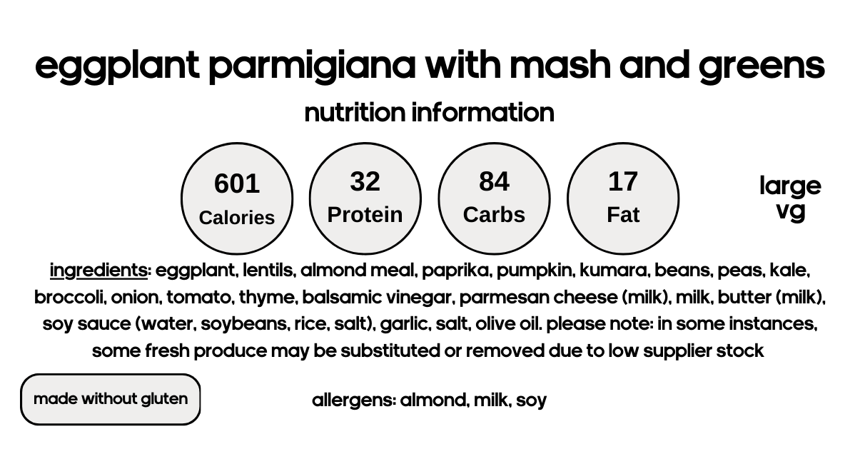 Eggplant Parmigiana with Mash and Greens (V)