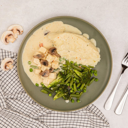 Creamy Garlic Tofu with Mashed Potato & Greens (V)