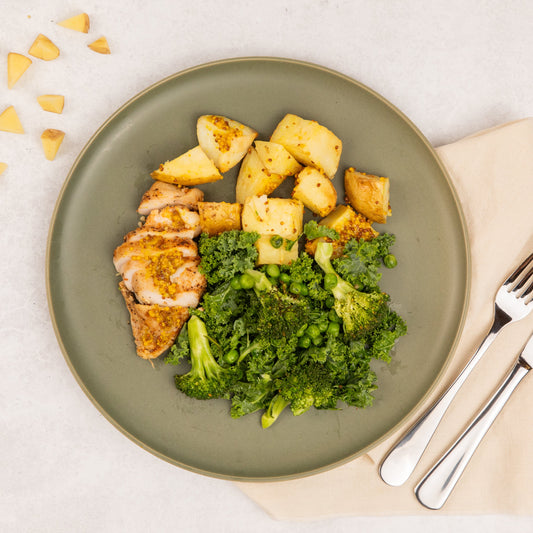 Honey Mustard Chicken and Potato Bake with Green Vegetables