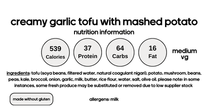 Creamy Garlic Tofu with Mashed Potato & Greens (V)