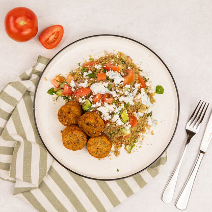 Quinoa Tabouli with Mediterranean Falafel, Garlic Yoghurt & Feta (V)