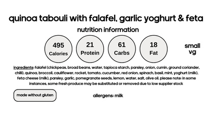 Quinoa Tabouli with Mediterranean Falafel, Garlic Yoghurt & Feta (V)